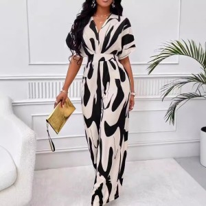 2024 Cross border Amazon Independent Station Wish New Product European and American Women's Full body Printed Bat Sleeve Wide Leg jumpsuit