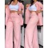 2024 European and American Foreign Trade Women's Clothing Elegant Solid Color Split Sleeve Collar Suit Pocket Straight Leg Pants Set