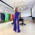 2023 European and American Summer Women's Fashion Sexy Slant Collar Off Shoulder Waist Drawdown with Floor Draping Vacation Style Solid Color Dress