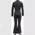 2024 European and American women's elegant mesh sleeves, V-neck button pockets, high waisted lace up, solid color slim fit jumpsuit