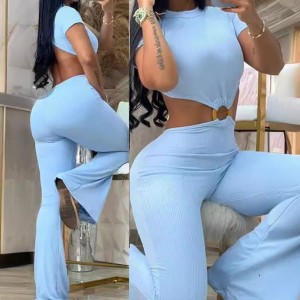 2023 European and American style autumn women's sexy round neck backless slim fit and lifted buttocks solid color micro flared jumpsuit sportswear