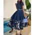 2024 European and American shirt collar with large swing positioning flower print short sleeved button dress with belt