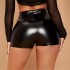 2023 European and American summer women's black buckle decoration fashionable and sexy slim fit leather pants high waist tight PU shorts