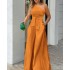 European and American women's 2023 summer slanted collar single-sided lace up irregular off shoulder high waist pocket wide leg pants casual jumpsuit