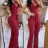 2023 European and American foreign trade women's clothing elegant V-neck button pocket high waist lace up solid color slim fit jumpsuit