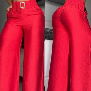 2023 European and American foreign trade women's clothing solid color wide leg high waist loose slimming metal decorative horn pants