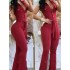 2023 European and American foreign trade women's clothing elegant V-neck button pocket high waist lace up solid color slim fit jumpsuit