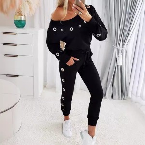 2024 European and American foreign trade women's casual fashion slim fit long sleeved sloping shoulder top+pants two-piece set