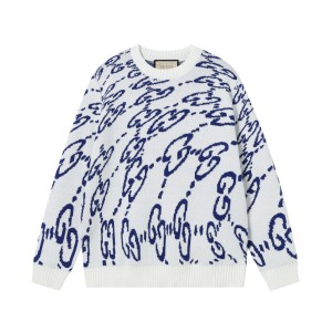 Correct Edition Gujia 24S Jacquard Letter G Home Round Neck Cotton Wool Blended Loose Edition Knitted Sweater Fashion Classic