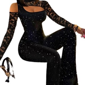 2024 European and American women's lace patchwork off shoulder slim fit jumpsuit wide leg pants