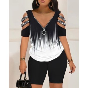 2023 Summer European and American Fashion Positioning Printed Short sleeved Women's Casual V-neck Zipper Top Shorts Two Piece Set