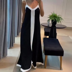 2024 European and American foreign trade women's clothing European and American style elegant contrasting color V-neck long suspender dress