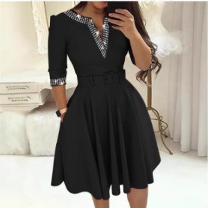 2024 European and American autumn and winter temperament elegant cinched waist hot pressed diamond mid long sleeved solid color large swing V-neck dress with belt