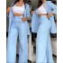 2024 European and American Foreign Trade Women's Clothing Elegant Solid Color Split Sleeve Collar Suit Pocket Straight Leg Pants Set