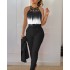 2023 European and American autumn and summer temperament commuting print cross band gradient top+solid color slim pants two-piece set