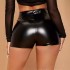 2023 European and American summer women's black buckle decoration fashionable and sexy slim fit leather pants high waist tight PU shorts