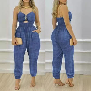 2024 European and American women's new cotton linen denim blue chain suspender casual insert bag drawstring backless chest wrapped jumpsuit