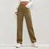 2024 Amazon European and American Fashion New Women's Casual Straight Pants High Waist Button Elastic Band Multiple Pockets