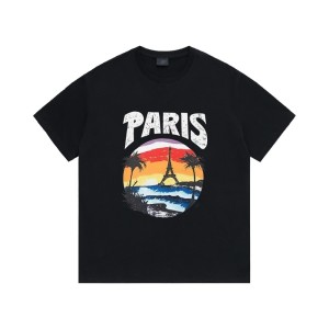 B Home High Version Paris New Hand drawn Sunset Printed Iron Tower Hawaii Summer T-shirt Men's and Women's Short Sleeve Trendy Brand