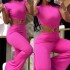 2023 European and American style autumn women's sexy round neck backless slim fit and lifted buttocks solid color micro flared jumpsuit sportswear