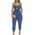 2024 European and American women's new cotton linen denim blue chain suspender casual insert bag drawstring backless chest wrapped jumpsuit