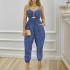 2024 European and American women's new cotton linen denim blue chain suspender casual insert bag drawstring backless chest wrapped jumpsuit