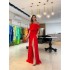 2023 European and American Summer Women's Fashion Sexy Slant Collar Off Shoulder Waist Drawdown with Floor Draping Vacation Style Solid Color Dress