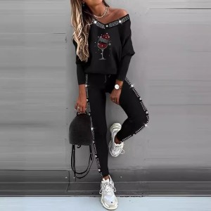 2024 European and American foreign trade women's clothing elegant V-neck rhinestone long sleeved top+slim pants two-piece set