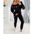 2024 European and American foreign trade women's casual fashion slim fit long sleeved sloping shoulder top+pants two-piece set