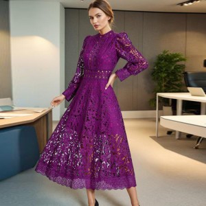 Design sense heavy embroidery A-line long skirt 2025 early spring new fashionable and elegant hollow bubble sleeve dress for women