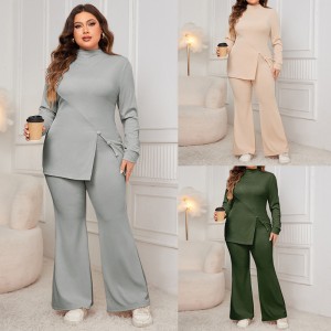 European and American cross-border plus size long sleeved high neck suit Amazon commuting temperament women's clothing slit top micro flared loose pants