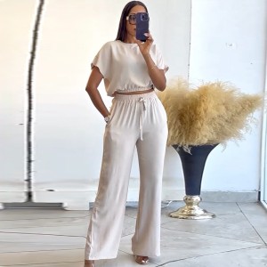 European and American women's clothing 2025 spring temperament elegant round neck bat sleeve short shirt high waist straight leg pants two-piece set