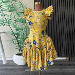 European and American women's trade 2025 summer new sweet printed flying sleeves irregular short A-line dress