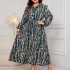 Independent Amazon plus size printed waist cinched plus size dress, AliExpress Europe and America polo collar long sleeved dress