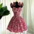 European and American women's clothing 2025 spring temperament elegant floral suspender bow high waist slimming A-line dress short skirt