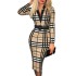 2024 Spring European and American Cross border New Digital Printed Grid Long Sleeve V-neck High Waist Dress (Comes with Waist Belt)