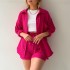 European and American women's two-piece pleated fabric lapel long sleeved shirt, high waisted drawstring shorts, plus size fashionable casual set