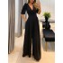 European and American women's 2024 summer new product temperament casual V-neck lace up high waist bubble short sleeved wide leg jumpsuit