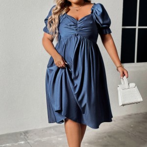 Amazon European and American style cross-border foreign trade plus size women's clothing summer temperament high-end feeling square collar waist slimming dress