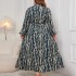 Independent Amazon plus size printed waist cinched plus size dress, AliExpress Europe and America polo collar long sleeved dress