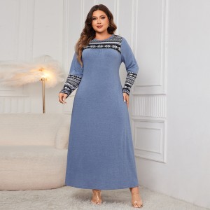 AliExpress cross-border loose printed long sleeved plus size dress, Amazon European and American round neck fat mm long dress