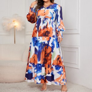 European and American AliExpress loose plus print medium long dress for export to Europe and America, V-neck high waisted dress