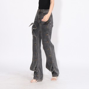 American retro high street wide leg pants, 2025 spring new style, personalized design, patchwork button high waisted jeans for women