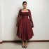 European and American cross-border women's clothing 2024 spring new style temperament square collar lace long sleeved waist cinched solid color medium long dress