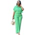 Spot Cross border European and American Women's Clothing 2024 Summer New Collection Solid Color Collar Short Sleeve Shirt Wide Leg Pants Casual Set