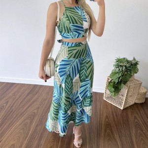 European and American Cross border 2024 Summer Leisure Set New Printed Short Tie Rope Tank Top High Waist Skirt Two Piece Set