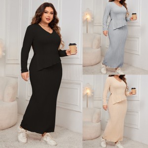 Independent research and development of European and American plus size loose fashion set, foreign trade new style long sleeved irregular hem hip hugging skirt set