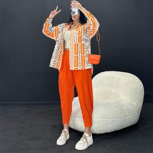 European and American casual suit cross-border loose plus size fashionable women's clothing long sleeved shirt leg tied harem pants cotton linen two-piece set