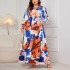 European and American AliExpress loose plus print medium long dress for export to Europe and America, V-neck high waisted dress