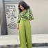 Spot European and American women's clothing 2024 spring new print design lantern sleeve shirt wide leg trousers casual set